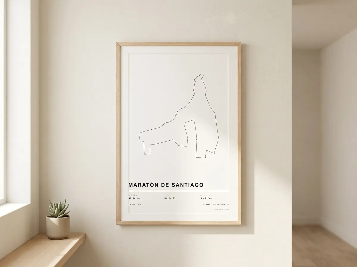 A framed running-route poster from Track Poster hanging on a hallway wall