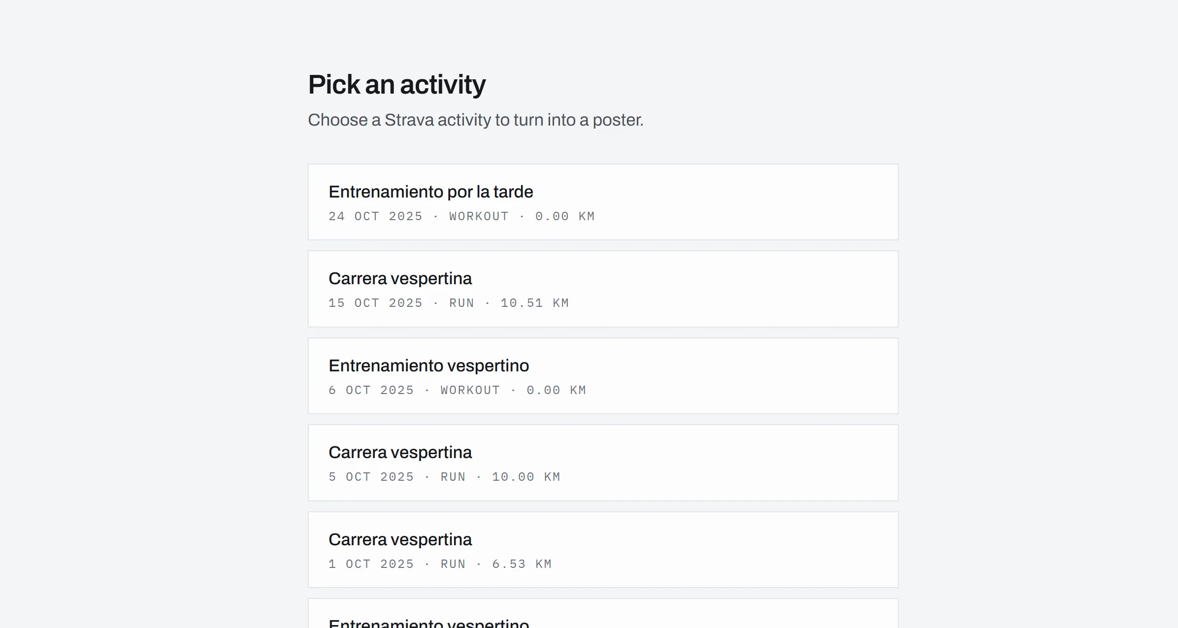 Track Poster — pick an activity screen